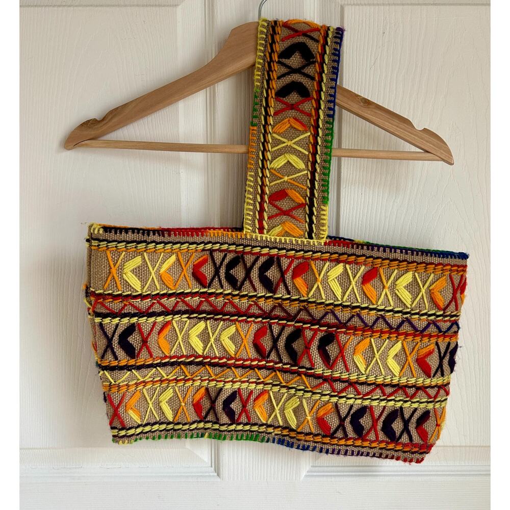 Vintage 70's Boho Handcrafted Rainbow Needlepoint Burlap Crewel Purse | Tote